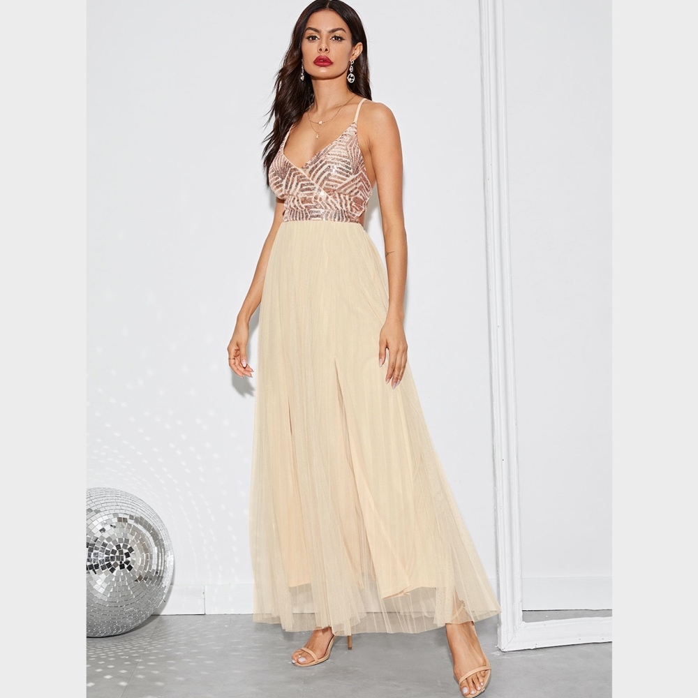 Sequin Detail Surplice V-Neck Mesh Slit Maxi Dress - Picture 2 of 8